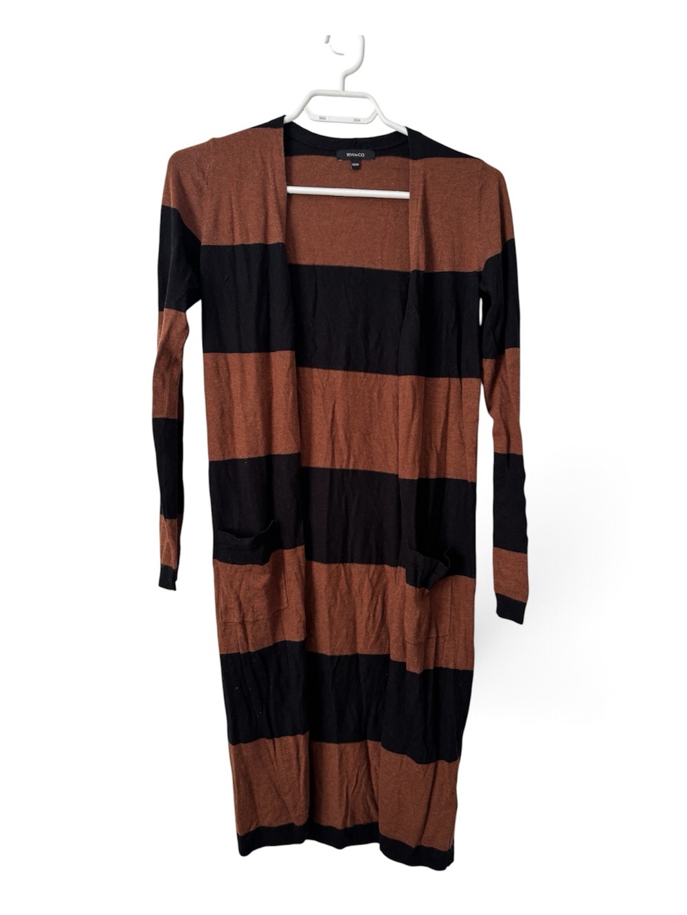 RW&CO Brown Black Striped Long Open Cardigan Sweater Pockets Sz XXS